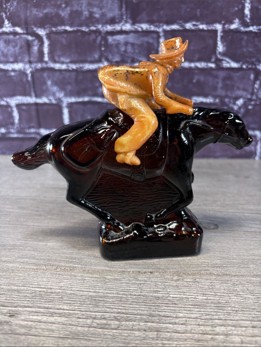Vintage Amber Glass Cowboy on Horse Decanter